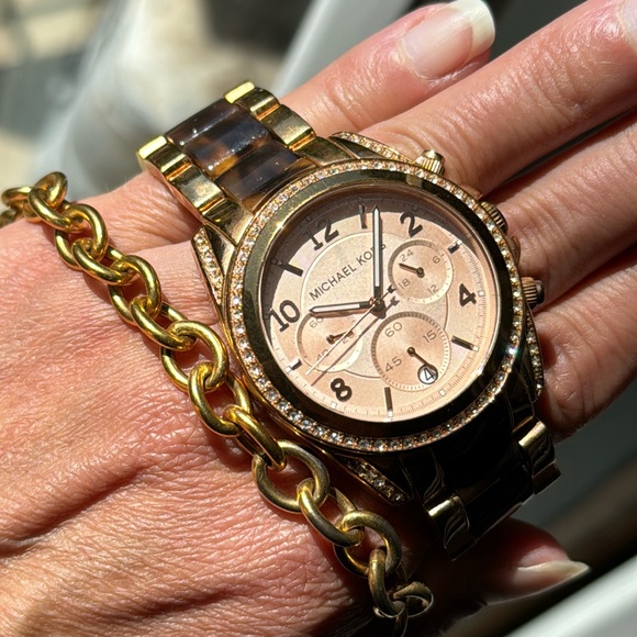 Michael Kors Watch-Yellow Gold Toned/Tortoise Band-Pink Face-Crystal Bezel-Box - Picture 7 of 17
